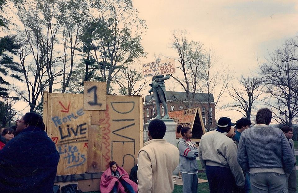 Anti-apartheid protest at Hamilton College with shanties, part of a campaign by Hamiltonians for Divestment to get the college to divest from companies doing business in South Africa.
